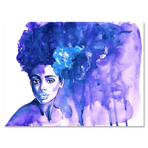 Designart ' Glorious Blue Portrait of Afro American Woman ' Modern Canvas Wall Art Print