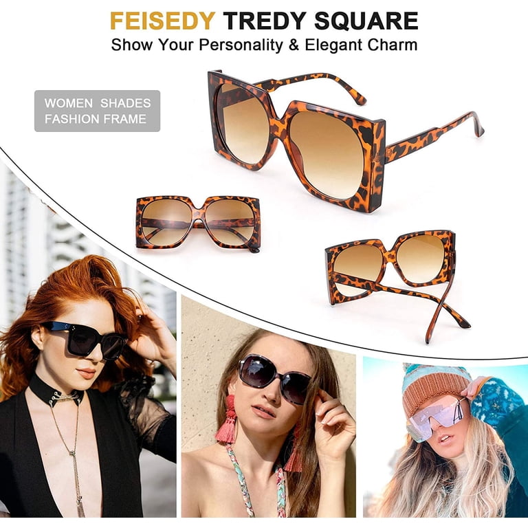FEISEDY Vintage Big Square Sunglasses Women Fashion Large 