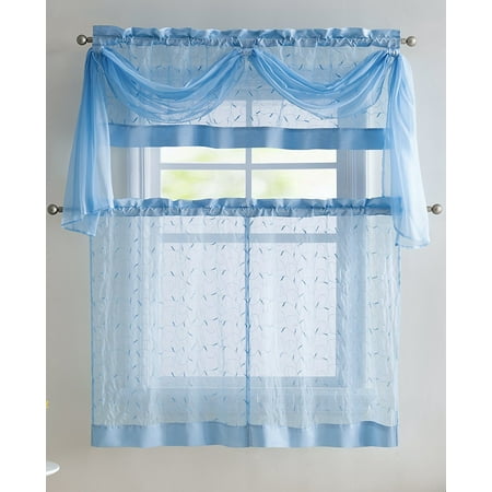 Colour Leaf - GoodGram Linen Leaf Embroidered Sheer Kitchen Curtain Set - Assorted Colors (Blue)