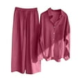 thumbnail image 2 of Dazajoo Linen Sets for Women 2 Piece Long Sleeve Button Down Shirts Match Wide Leg Drawstring Pants Solid Color Lightweight Loungewear,Hot Pink,M, 2 of 8