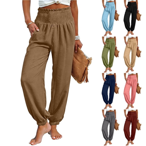 Women's Linen Barrel Harem Pants Wide Leg High Waisted with Pockets Beach Casual