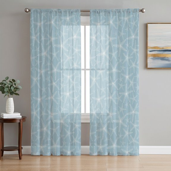 Blue Starfish Coastal Sheer Curtains 96 Inch Length 2 Panels Set, Nautical Seaside Ocean Summer Beach Voile Window Treatment Semi Sheer Long Curtains Drapes for Bedroom/Living Room/Kitchen 52"x96"x2