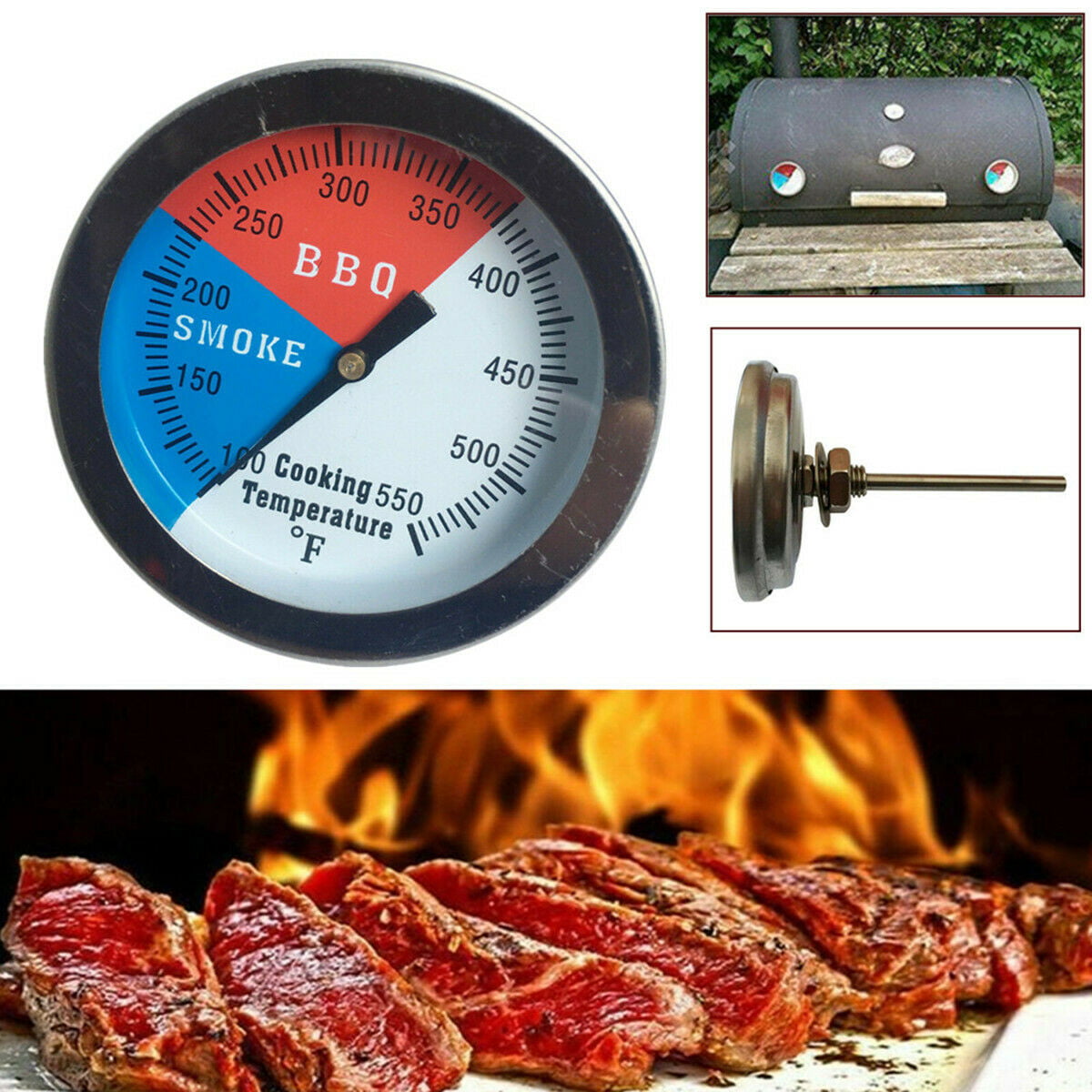 Stainless Steel BBQ Smoker Grill Thermometer， Barbecue Temperature Thermometers Gauge 50-900℉ 