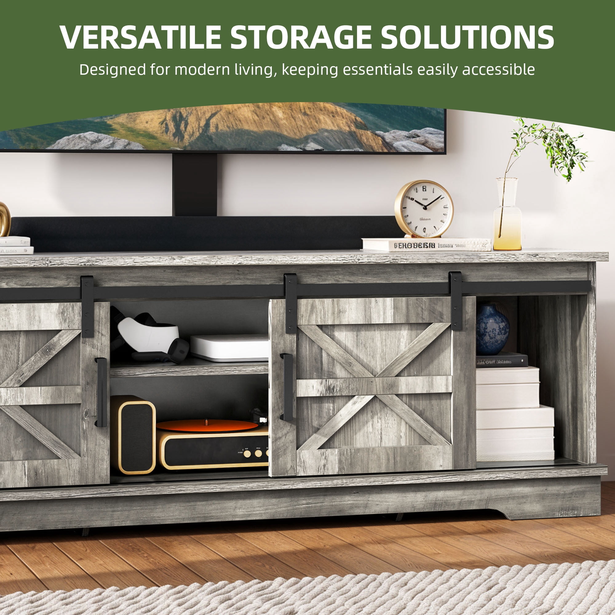 Uforic Farmhouse TV Stand with Mount for 32-70" TVs, Media Console Cabinet with Barn Doors, Gray