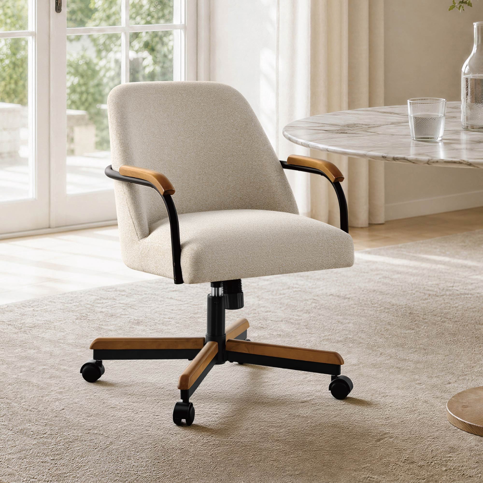 Spruce & Spring Swivel Dining Chairs Set of 2, Upholstered Tilt Chairs with Caster Wheels, Metal Frame & Wood Accents, for Dining Room, Kitchen & Home Office, Sand Fabric