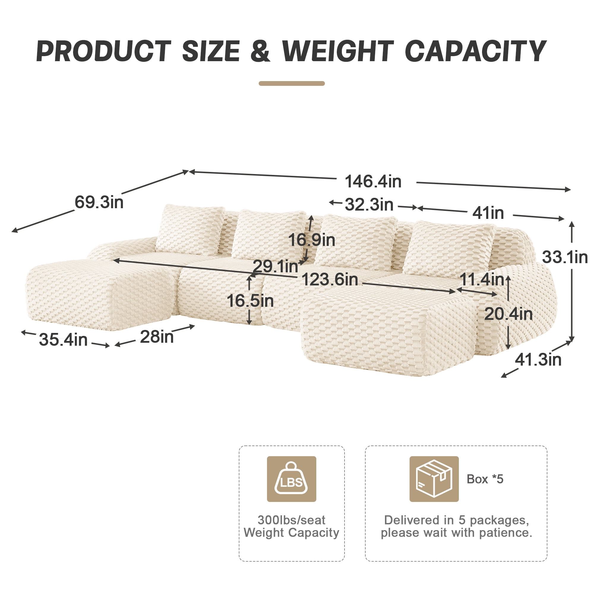 Aukfa 146" U-Shaped Modular Cloud Sectional Sofa, Oversized Deep-Seat 6-Seater Couch with 2 Ottomans, Flannelette Upholstered Boneless Sofa, White