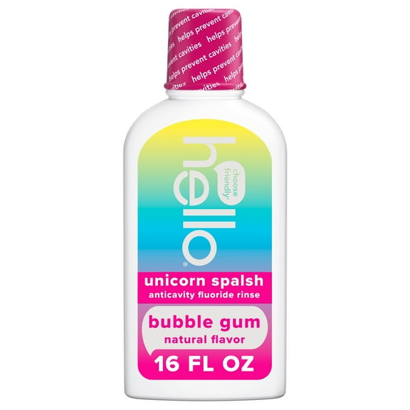 hello Unicorn Splash Fluoride Kids Mouthwash, Bubble Gum Natural Flavor, 16 Fl Oz Bottle
