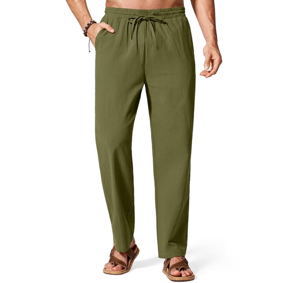COOFANDY Men's Cotton Linen Pants Elastic Waist Drawstring Summer Beach Trousers Casual Yoga Pant
