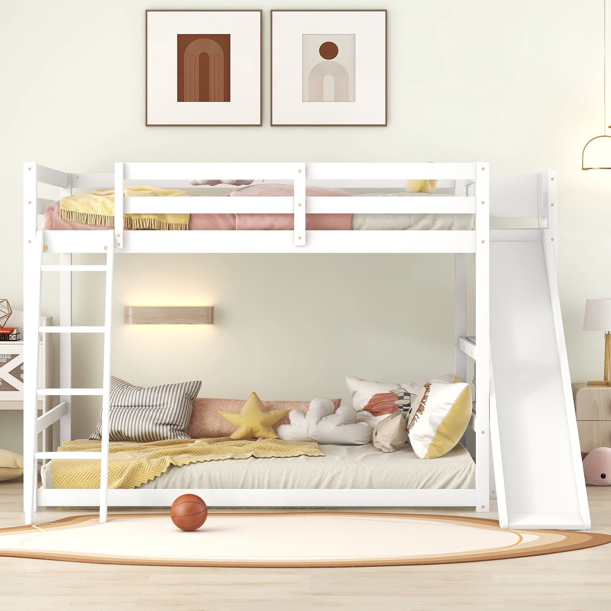 Euroco Wood Full over Full Bunk Bed with Slide and Ladder, 3-Tier Shelf for Kids Teens Bedroom, White