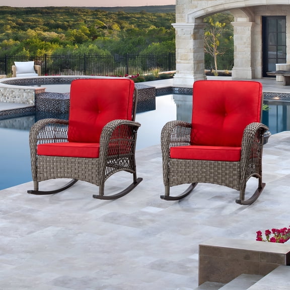 MeetLeisure Patio Wicker Outdoor Lounge Rocking Chair with Cushion(Set of 2), Red
