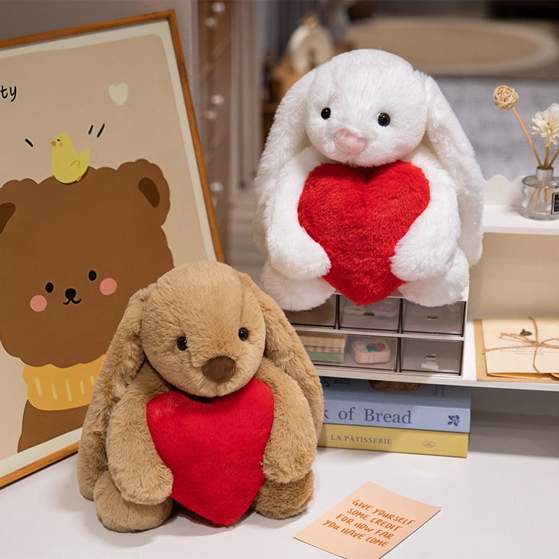 Rabbit Plush Doll,Hold Heart Rabbit Stuffed Animal Long Ears Toy, Suitable for Easter Christmas Birthday Gift(Brown 11.8in)
