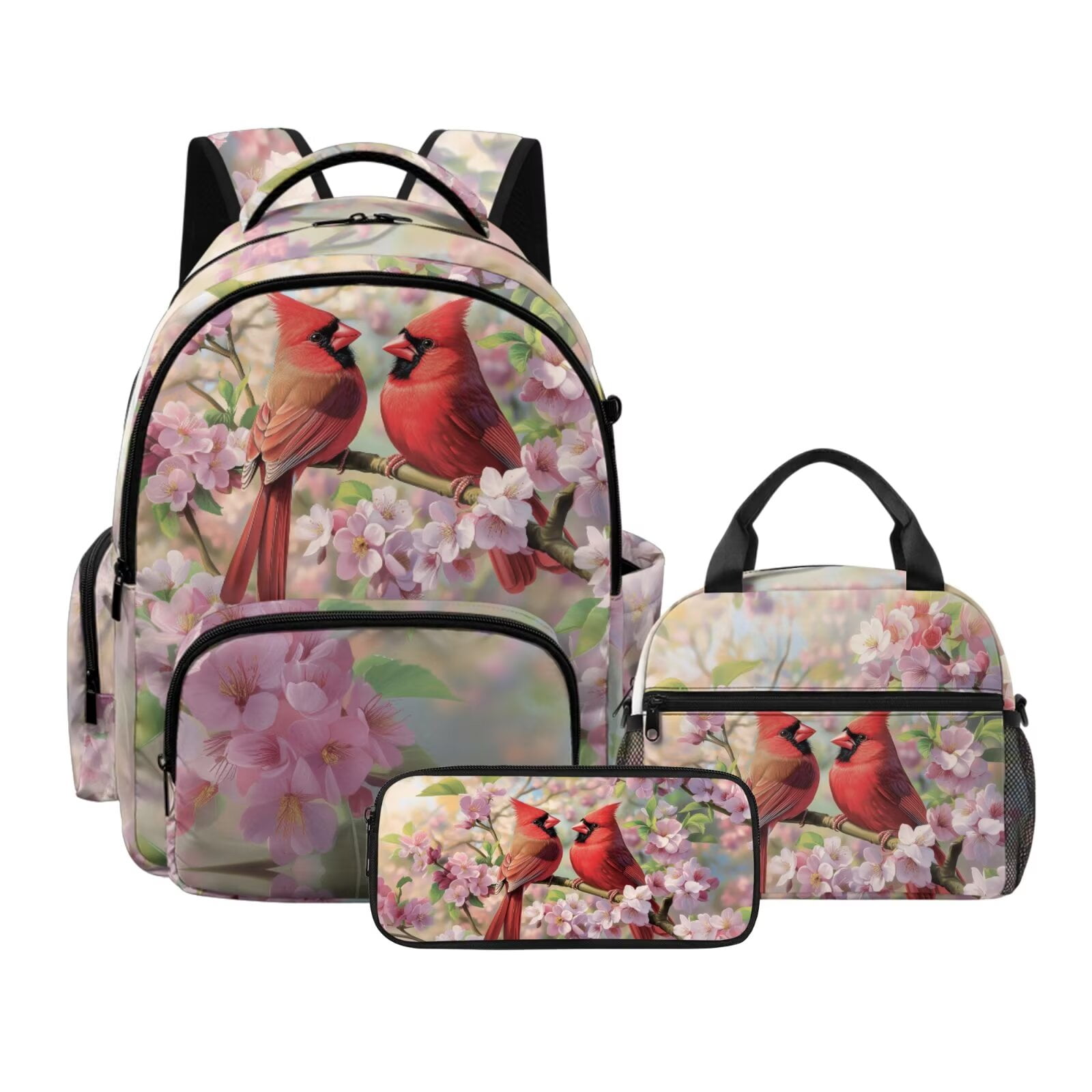 Xoenoiee Cardinal Cherry Blossom Print Backpack for Girls Boys Kids Backpack with Lunch Box and Cute Pencil Case 3PCS Set Bookbag with Front Pocket 17 inch Large School Bag for Elementary Preschool