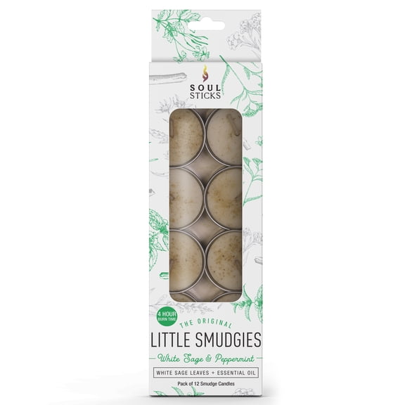 Soul Sticks 12 Pack Peppermint with White Sage Smudge Tealight Candles or Cleansing House, Meditation, Chakra Healing | Made with Crystals and Herbs