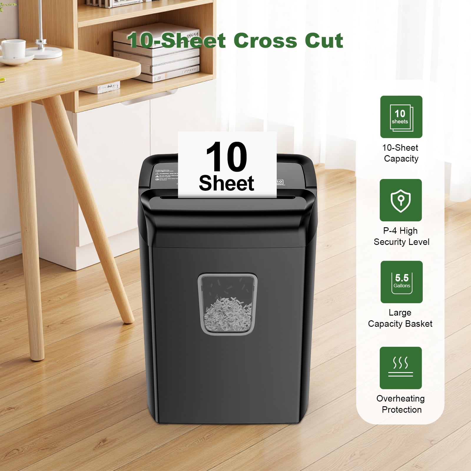 Heavy-Duty 10-Sheet Crosscut Paper Shredder, P-4 Security - Shreds Paper, Credit Cards, Staples - Anti-Jam Auto Reverse with 5.5-Gallon Bin for Home Office & Small Business