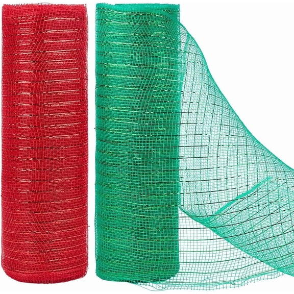 2 Rolls 60 Feet Red Green Mesh Ribbon 10.24 Inch Plastic Mesh with Gold Wide Foil Mesh Ribbons Christmas Ribbon for Wreath Christmas Tree Decoration Colorful DIY