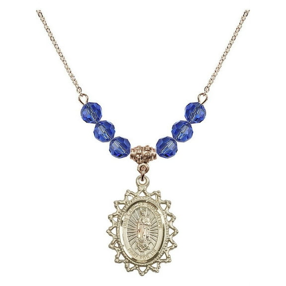 18-Inch Hamilton Gold Plated Necklace with 6mm Blue September Birth Month Stone Beads and Our Lady of Guadalupe Charm