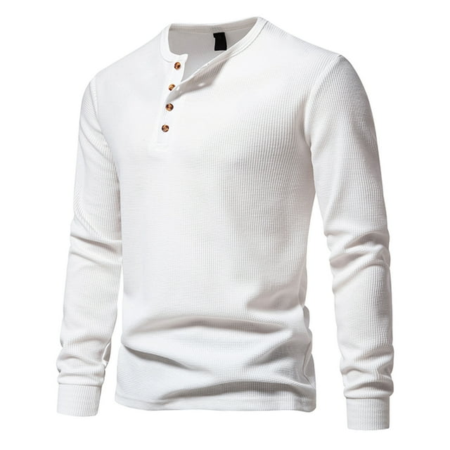 VALMASS Henley Shirts for Men Waffle Long Sleeve Casual Solid Color Crewneck Tops Soft Lightweight Button T-Shirts (XL, White)