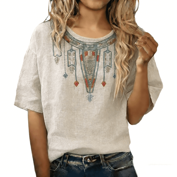 Women's Linen Tops Ethnic Embroidered Red Linen Cotton Loose Short Sleeve Casual Tee T Shirts for Women
