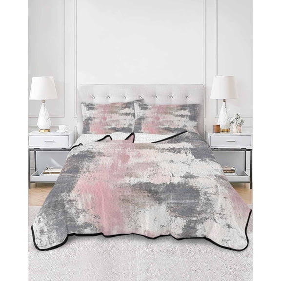 Quilts Full Size, Pink Grey Abstract Soft Comforter Bedding Set for Bed, Modern Minimalist Smear Art Lightweight Quilted Bedspread with Pillow Cover(2 Pieces) for All Season, 78x90 Inch