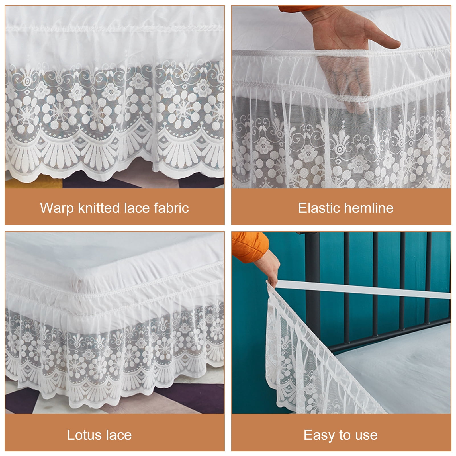 Adjustable Bed Skirt with Elastic Band Lace Bed Skirt 15 Drop Adjustable Elastic Dust Ruffle Wrap Around 3 Sides Machine for Twin/full/queen/king