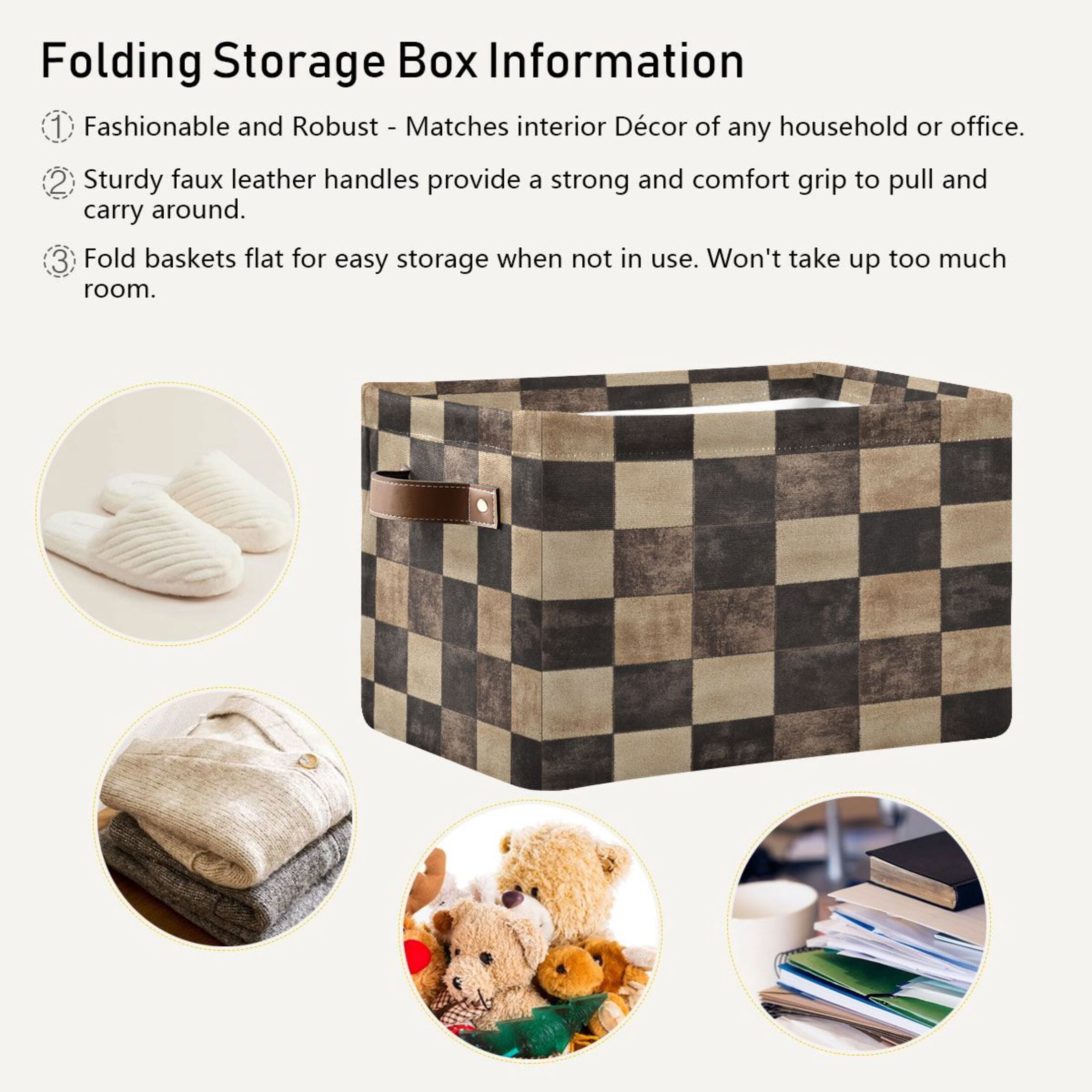 Brown and Black Tartan Foldable Storage Basket,Canvas Fabric Foldable Storage Bins with Handles Open Home Storage Bins Boxes for Toy Book Shelf Closet Baskets