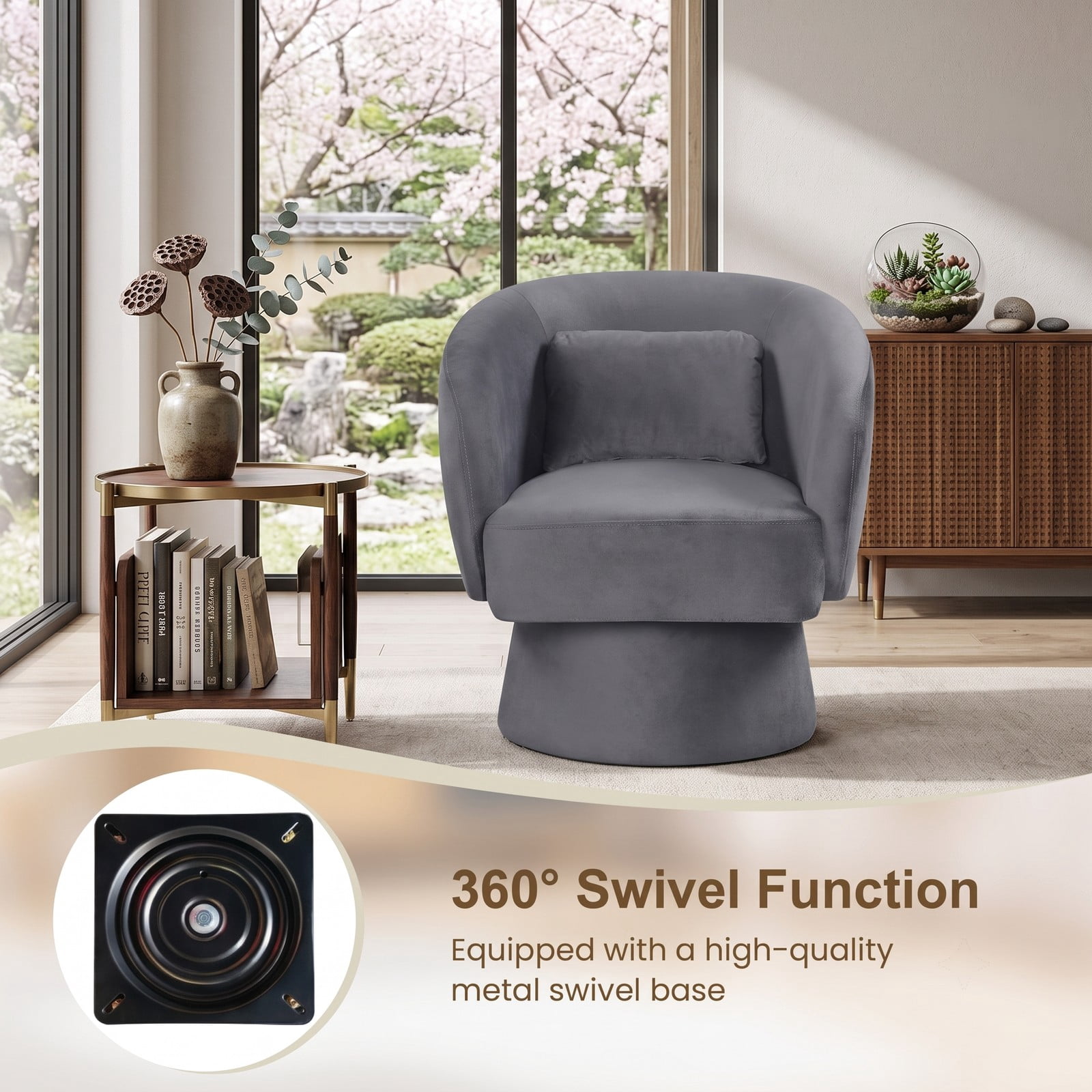 Furnibear Swivel Accent Chair, Upholstered Barrel Chair with Curved Back, 360-Degree Swivel Base and Removable Lumbar Pillow for Living Room Bedroom, 400 lbs, Gray
