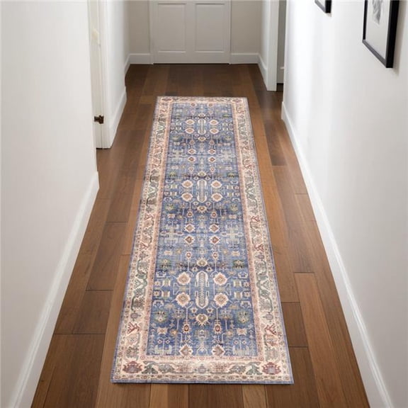 HomeRoots 546474 8 ft. Oriental Distressed Non Skid Runner Rug, Beige, Blue & Red