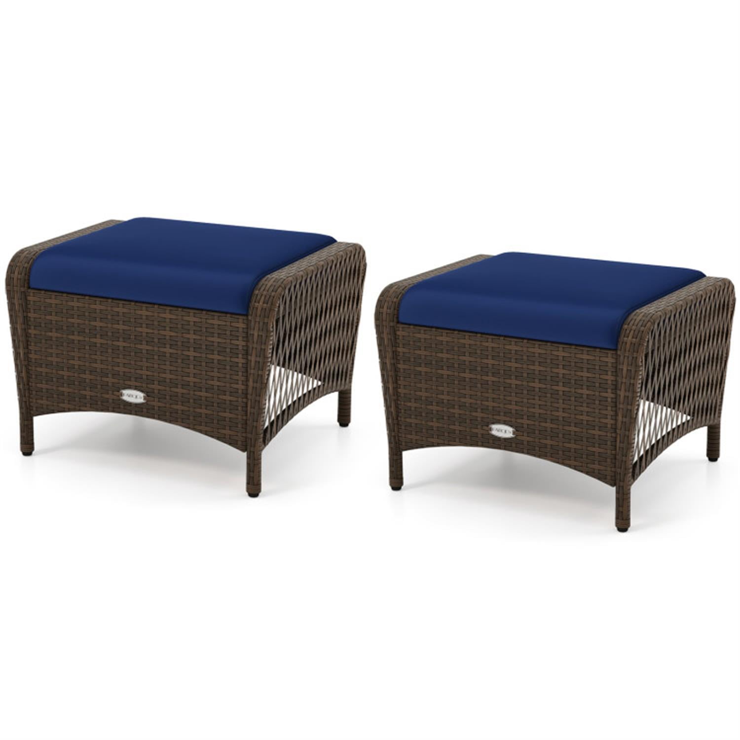 Demi Bonn Set of 2 Outdoor Patio PE Wicker Ottomans with Removable Cushions for Yard, Pool or Backyard, Blue