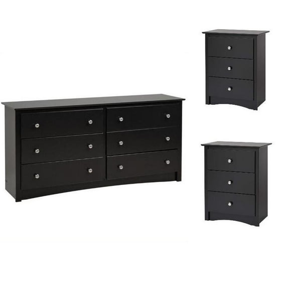 Pemberly Row 3PC Bedroom Wood Set with 1 Dresser and 2 Nightstands in Black
