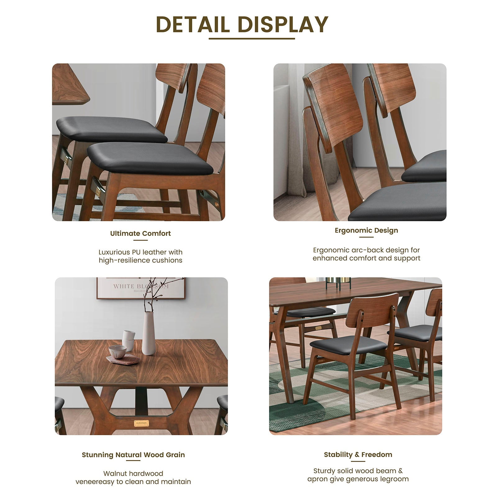 CONSDAN Dining Table for 4-8, Table Only, 71x35 Extra Large, Rectangular Shape, Walnut Veneer Top, Solid Wood Frame, Softly Curved Edges, Elegant Look