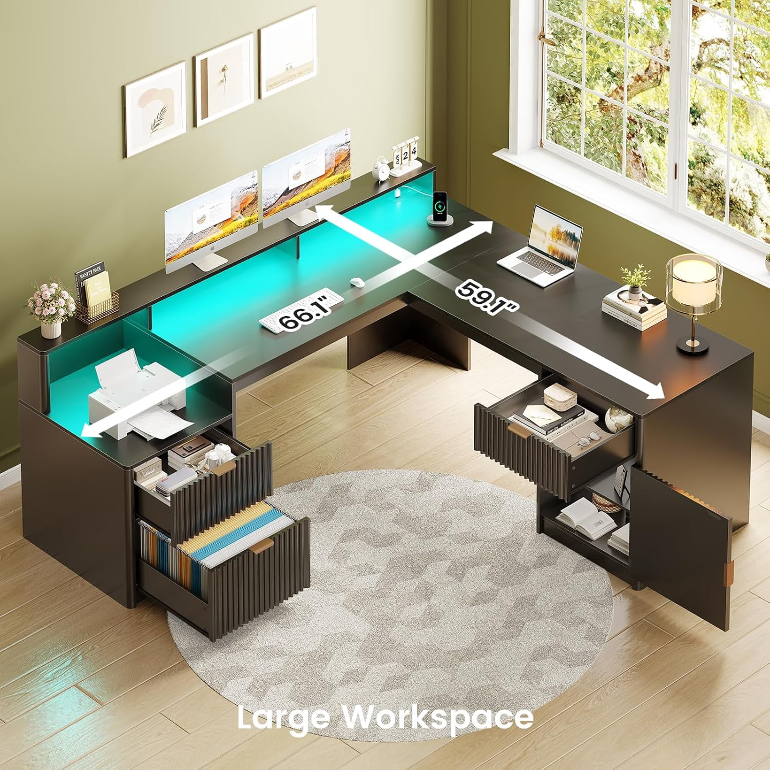 66" Fluted Home Office Desk with Storage, L Shaped Desk with Power Outlets & Monitor Stand, Wood Computer Desk with Drawers & Cabinet, Corner Desk with LED Lights for Bedroom, Black