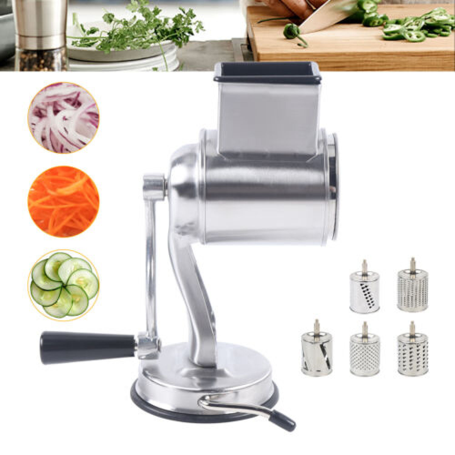 Manual Cheese Grater Drum Food Slicer Stainless Steel W/5 Drums Blades