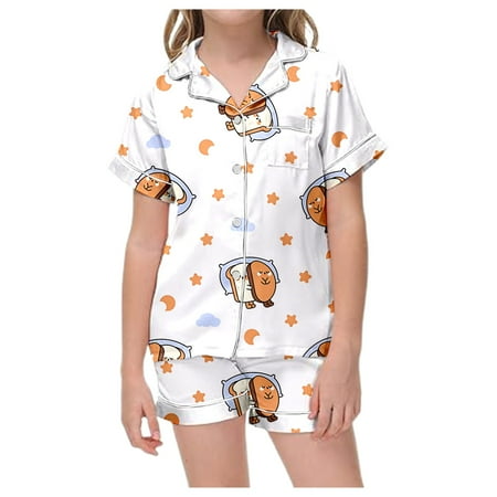 Little Girls Boys Pajama Set Soft 2 Piece Pjs Children Cute Printed Short Sleeve Button Up Top Shorts Unisex Kids Sleepwear Comfy Pajamas White 6-7 Years