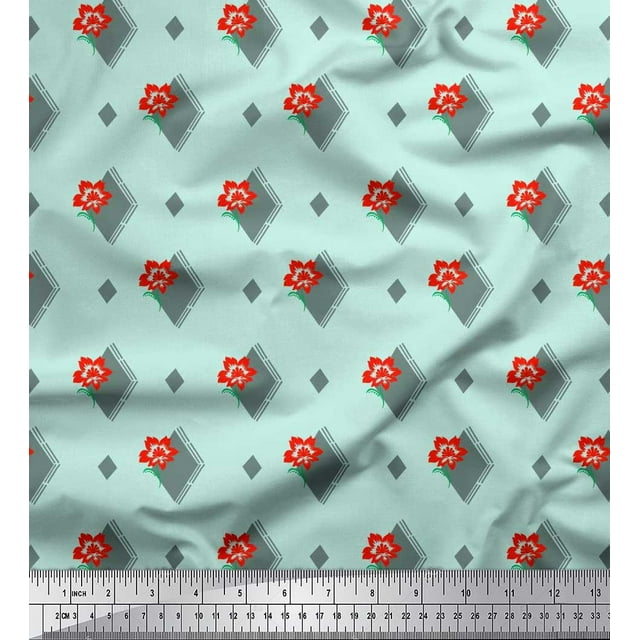 Soimoi Rayon Fabric Diamond Shape & Floral Artistic Printed Fabric 1 Yard 42 Inch Wide