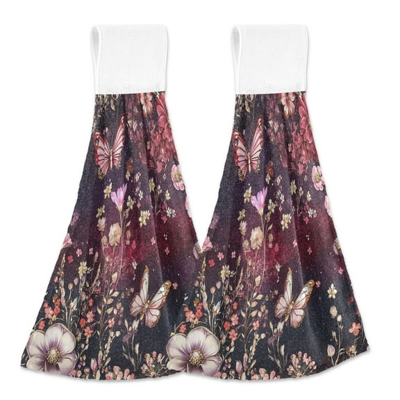 BZSMCE Hanging Hand Towels Fashion Butterflies and Blossoms on Starry Pattern 2-Pack - Velcro Style Bathroom Kitchen Towels