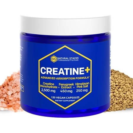 Natural Stacks Creatine Monohydrate Pills 2500mg - Maximum Absorption Formula w/ Himalayan Salt & Fenugreek | Supports Brain Health  Endurance & Muscle Building - 120 Creatine Capsules