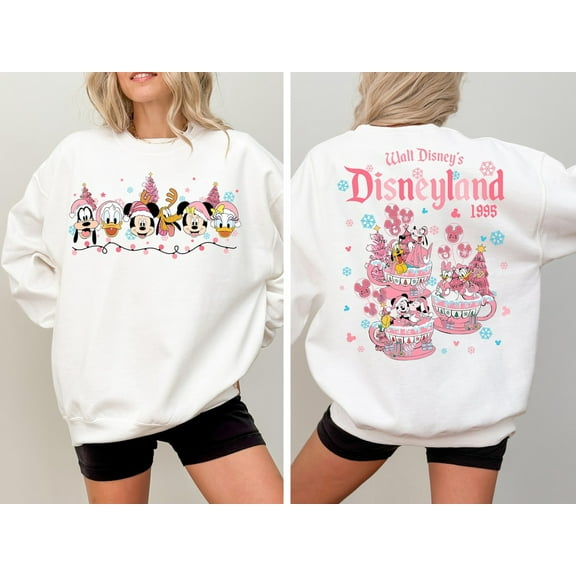 Disney 2-Sided Pink Mickey And Friends Disney Holiday Sweatshirts, Mickey'S Very Merry Holiday Party 2025 Sweatshirt, Disneyland Holiday Coffee Cup Sweatshirt, S-5XL Sweatshirt