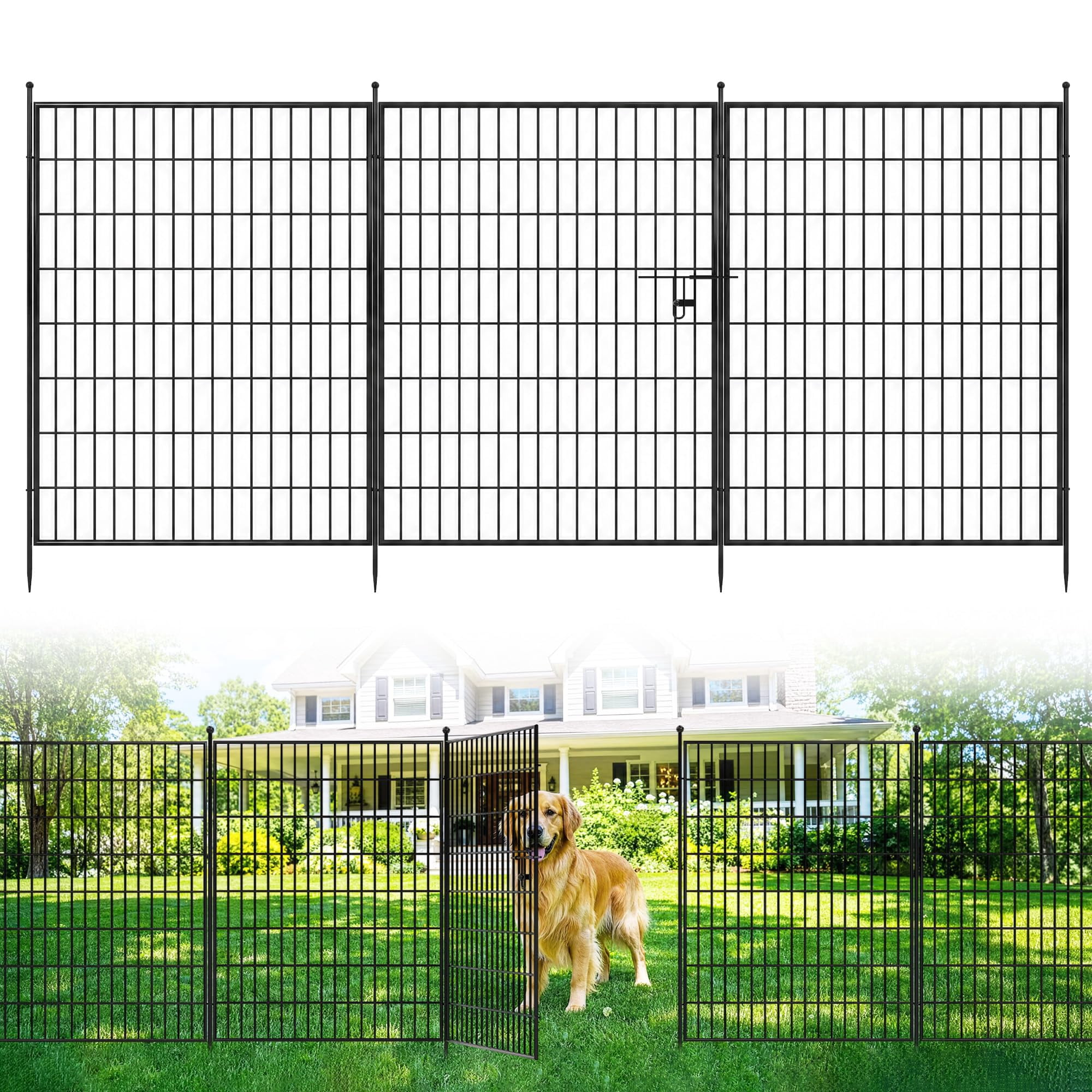 Garvee 40 in H x 11.8 ft L Garden Fence Panels (5 Pack), Metal No-Dig Dog Fence Outdoor, Animal Barrier Fence for Yard, Patio & Garden, Decorative Garden Fencing, Black