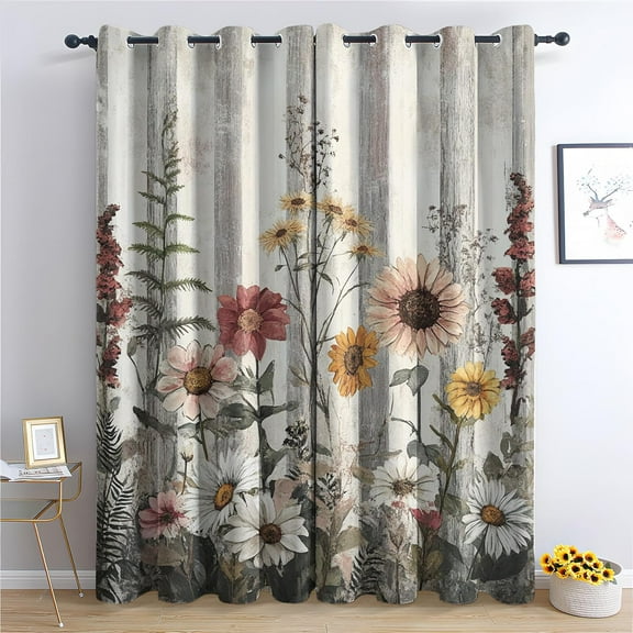 Rustic Wildflower Curtains 2 Panels Set, Country Garden Patterned Blackout Curtains for Bedroom, Living Room Decor, Room Darkening Thermal Insulated Grommet Drapes-52"W x 72"L (Pack of 2)