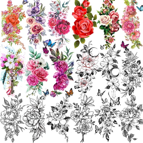 TASROI 18 Hojas Tatuajes Temporales De Rosas De Flores Sexy para Mujeres Niñas Adultos Mujeres Arte Corporal Tatuaje De Brazo Falso Pegatinas Impermeable Luna Mariposa Negro Tatuaje Floral Orquídea Te