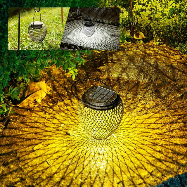 Linterna Solar para Exteriores Colgante, Luz LED Decorativa de Jardín con Metal Calado, Iluminación Cálida/Blanca Impermeable IP55, Batería de 1600mAh para Decoración de Patio y Jardín.