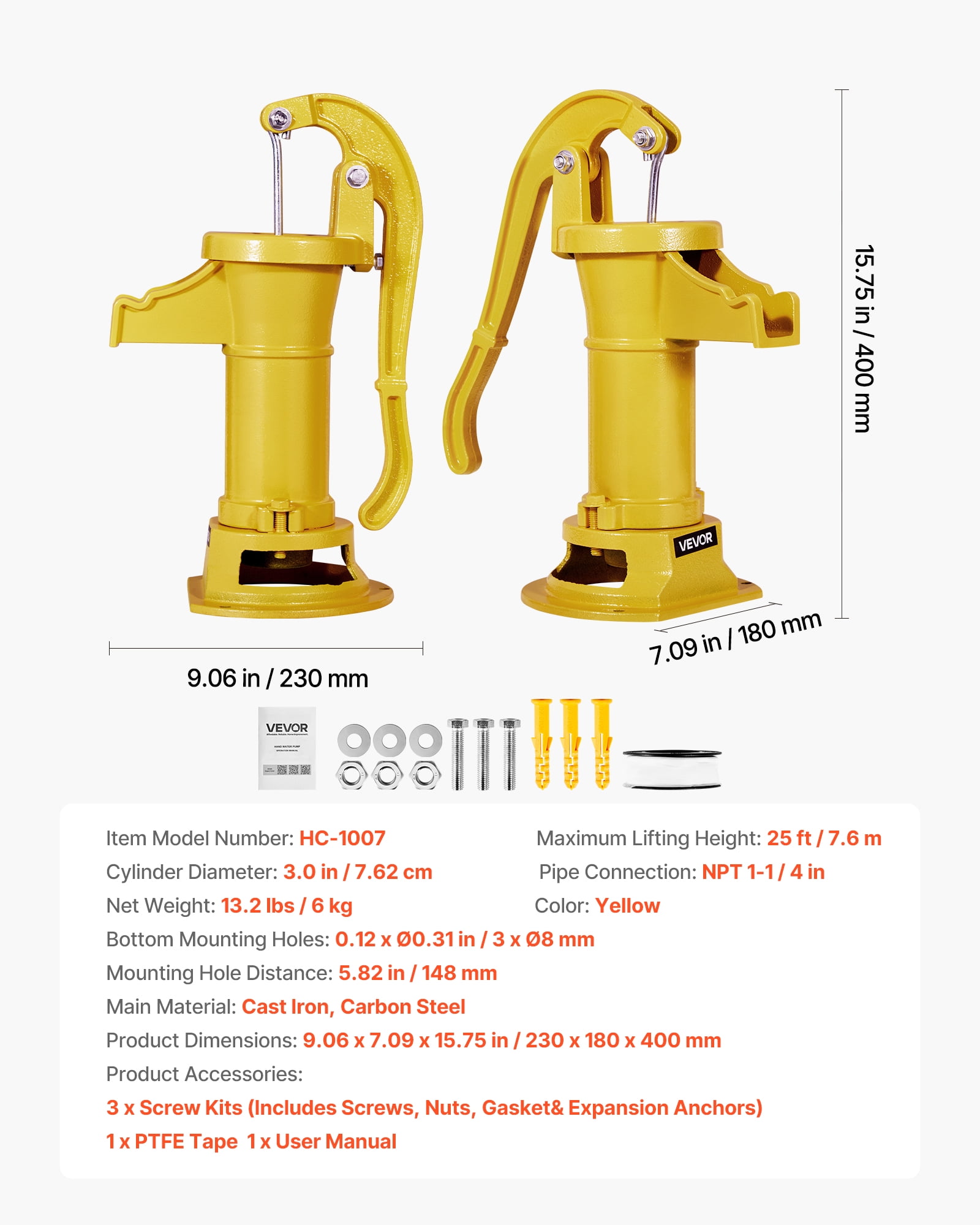 VEVOR Well Hand Pitcher Pump, 25 ft Maximum Lift, Antique Cast Iron Manual Hand Water Pump, NPT 1-1/4 in Connection, Easy Installation, Old Fashioned for Outdoor Garden, Pond, Backyard, Farm, Yellow