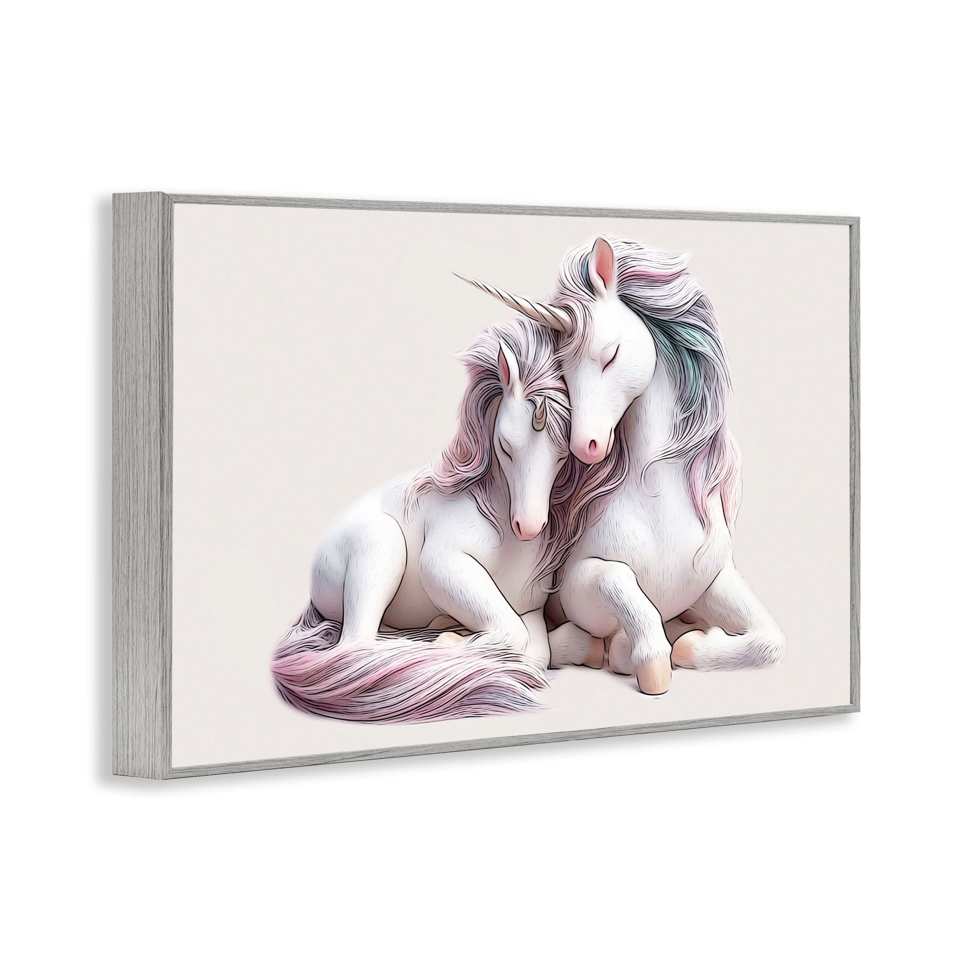 Stupell Industries Hugging Unicorn Pair Animals & Insects Painting Gray Framed Art Print Wall Art, 18 x 12