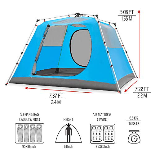KAZOO Family Camping Tent Large Waterproof Pop Up Tents 4 Person Room Cabin  Tent Instant Setup with Sun Shade Automatic Aluminum Pole