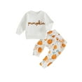 thumbnail image 2 of Elippeo Toddler Boys Halloween Outfits 6 12 18 24 Months 3 Years Embroidered Letter Long Sleeve Sweatshirts Pumpkin Print Long Pants 2Pcs Fall Clothes Set, 2 of 9
