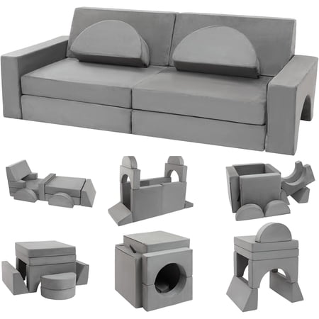 10pcs Modular Kids Play Couch,Kids Couch Building Fort, Kids Couch for Playroom and Bedroom,Nugget Couch,Toddler Couches That Fold Out,Kids Sofa Couch,Kids Fold Out Couch,Couch for Kids (Grey)