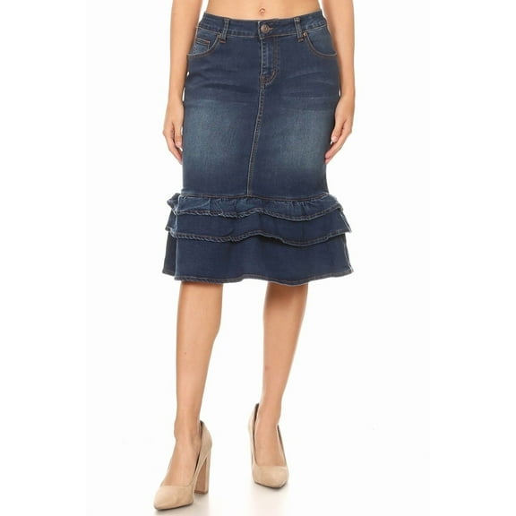 Be-Girl Women's Denim Skirt Ruffle Botton Knee Length Back Length 26" - S