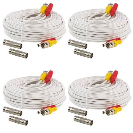 InstallerCCTV 100ft BNC Camera Extension Cable, with Connectors All in one Siamese Cable for CCTV Security Camera, White 4 Packs