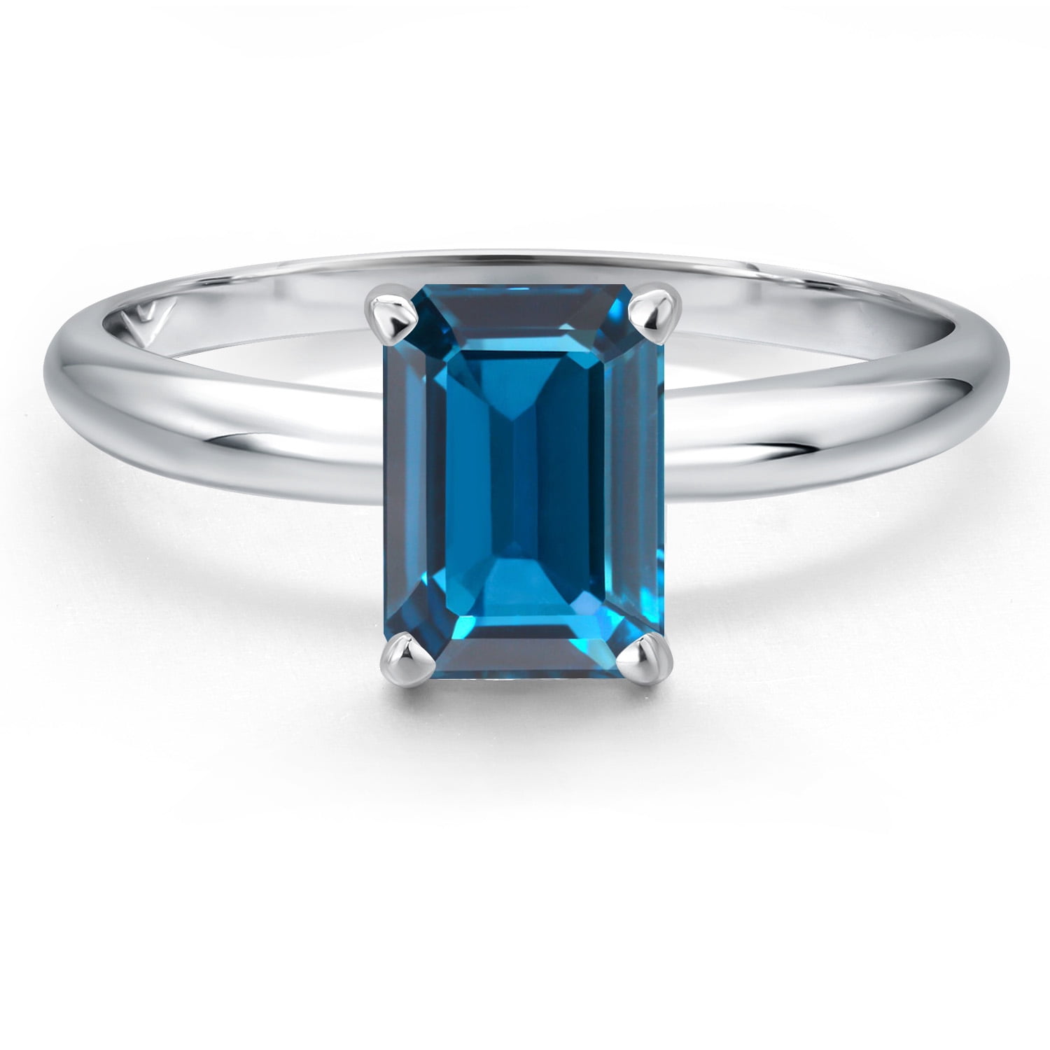 Gem Stone King 14K White Gold London Blue Topaz Solitaire Engagement Ring for Women | 1.98 Cttw | Emerald Cut 8X6MM | Gemstone November Birthstone | Size 7