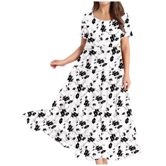 ICHUANYI Clearance Women Casual Loose Bohemian Floral Dresses With Pockets Short Sleeve Summer Beach Swinging Dress(White, L) ICHUANYI WER2023080711152